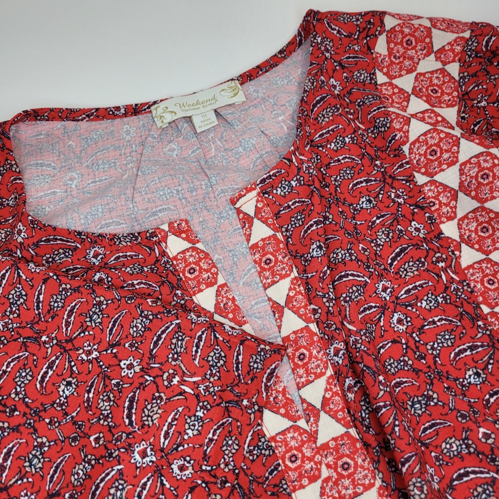 Suzanne Betro Weekend Blouse Women 1X Red Excellent Paisley Geometric Split Neck